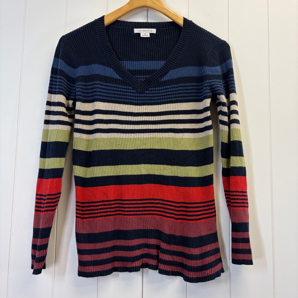 Liz Claiborne Y2K Preppy Striped Ribbed V-Neck Sweater Women Medium Nautical